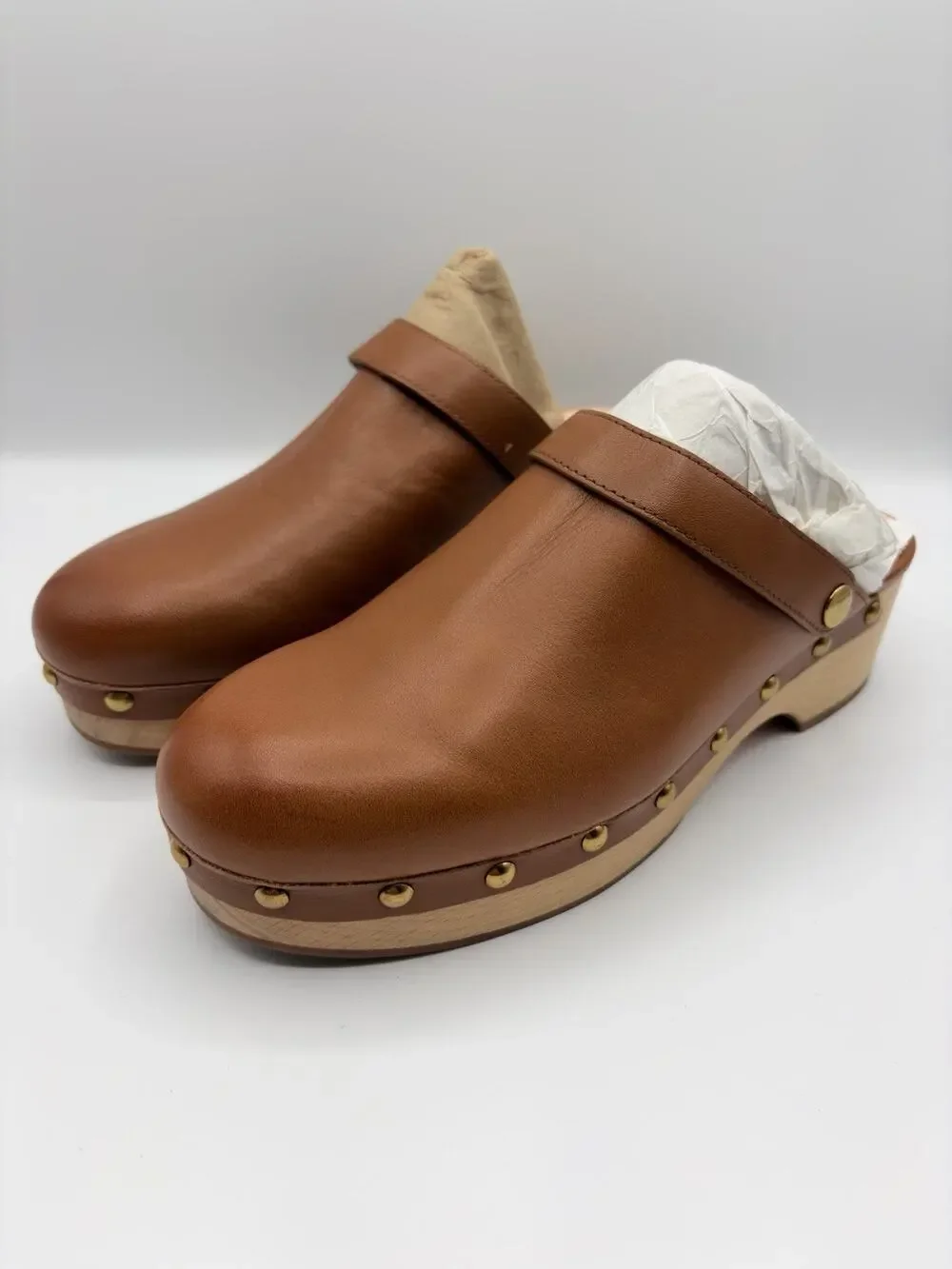J.Crew Grace Convertible Leather Clogs Wooden Sole Studded Brown 7.5 Excellent